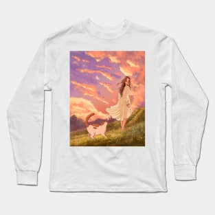 Girl walking on nature with cat Long Sleeve T-Shirt